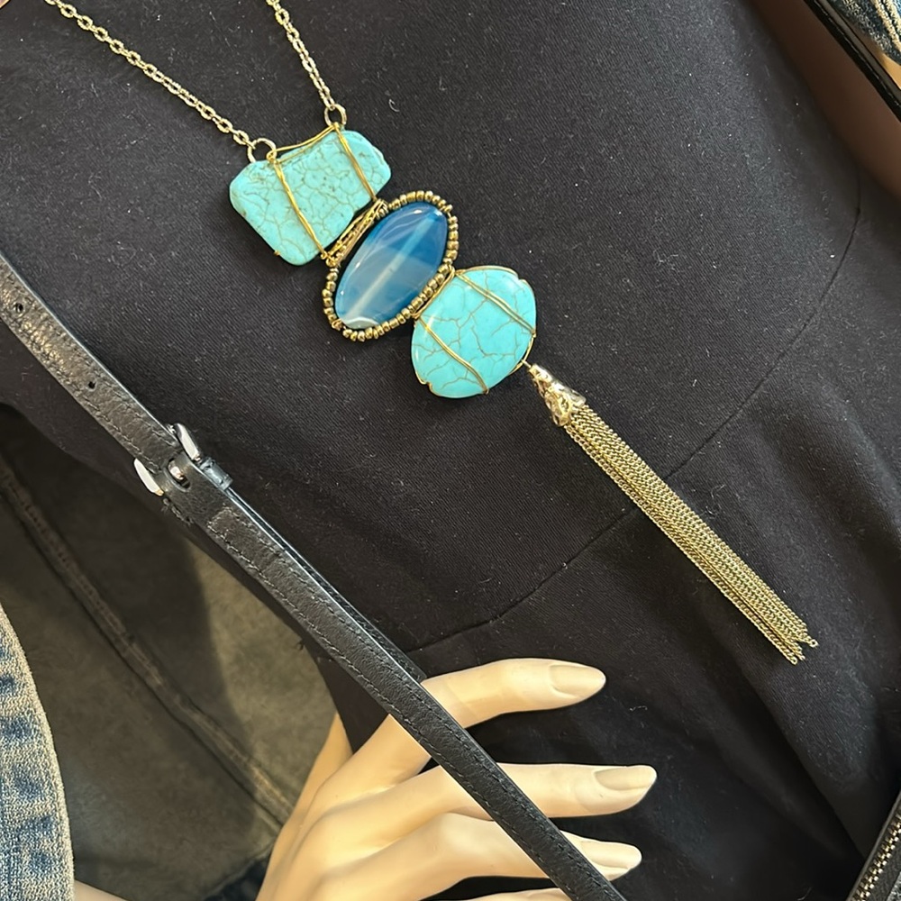 Large Turquoise & Blue Stone Long Tassel Necklace-Boutique